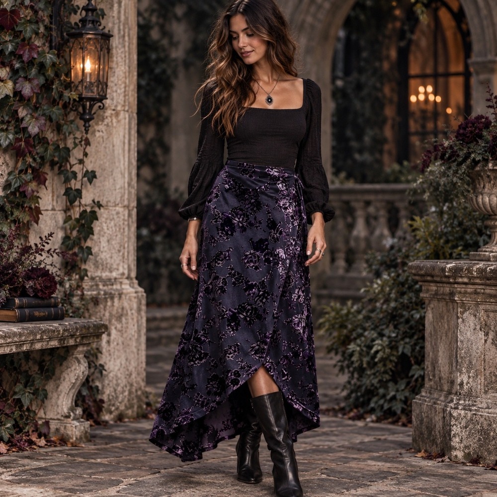 En Elly Anthropologie Velvet Burnout Wrap Maxi Skirt Womens XS Purple Whimsigoth